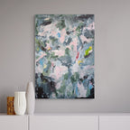 Abstract painting on a wall with decorative vases below.