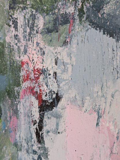 The image is an abstract painting with a mix of colors and textures, including shades of pink, gray, and green. The painting appears to be a collage of multiple images, with a sense of depth and complexity.