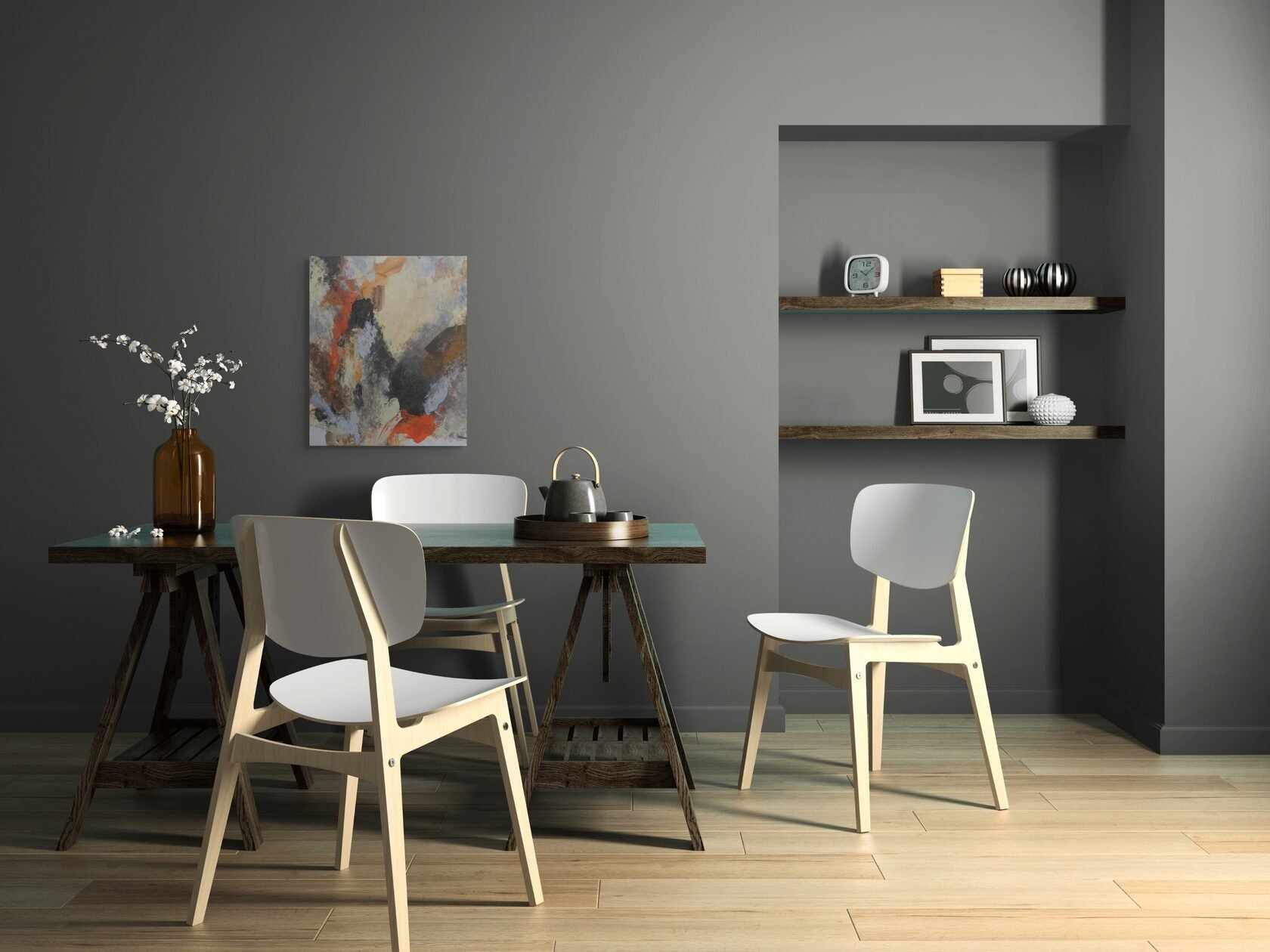 Modern dining area with wooden table, chairs, and abstract art on a gray wall.