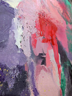 Abstract painting with a mix of pink, red, purple, and green colors.