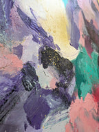 The image is an abstract painting with a vibrant mix of colors and brushstrokes, creating a dynamic and energetic composition.