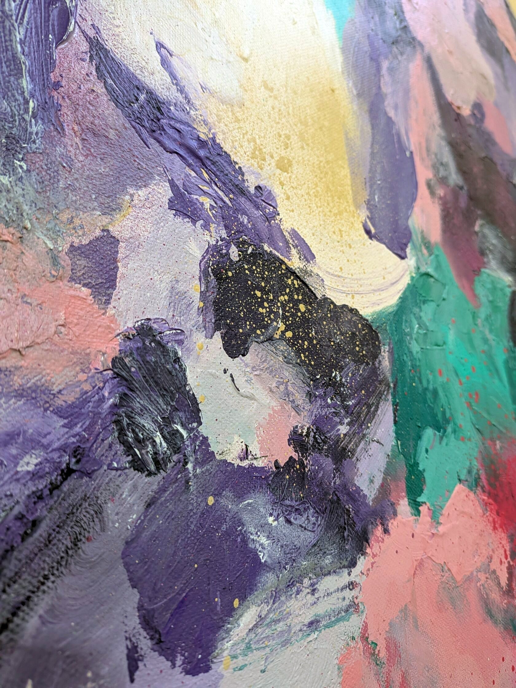 The image is an abstract painting with a vibrant mix of colors and brushstrokes, creating a dynamic and energetic composition.