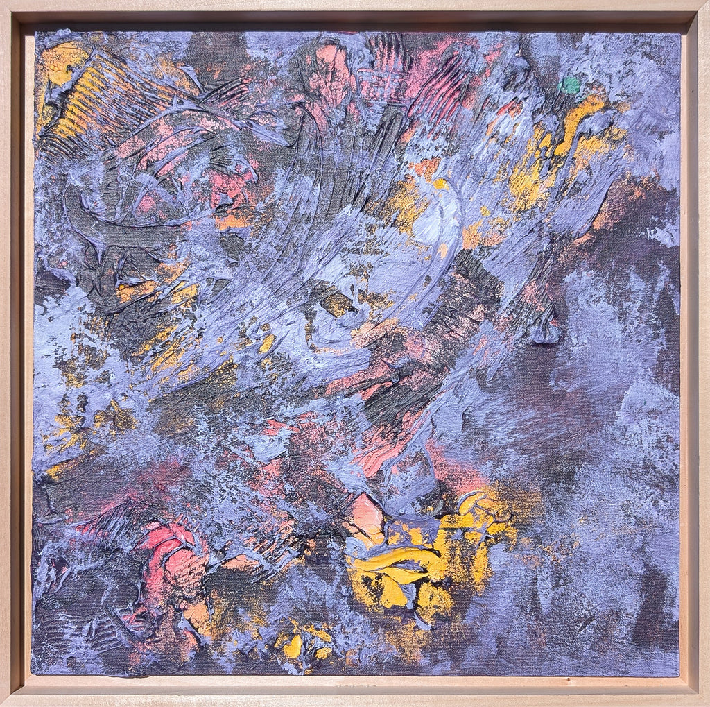 Textures — heavily textured abstract acrylic painting, framed, purple gold pink