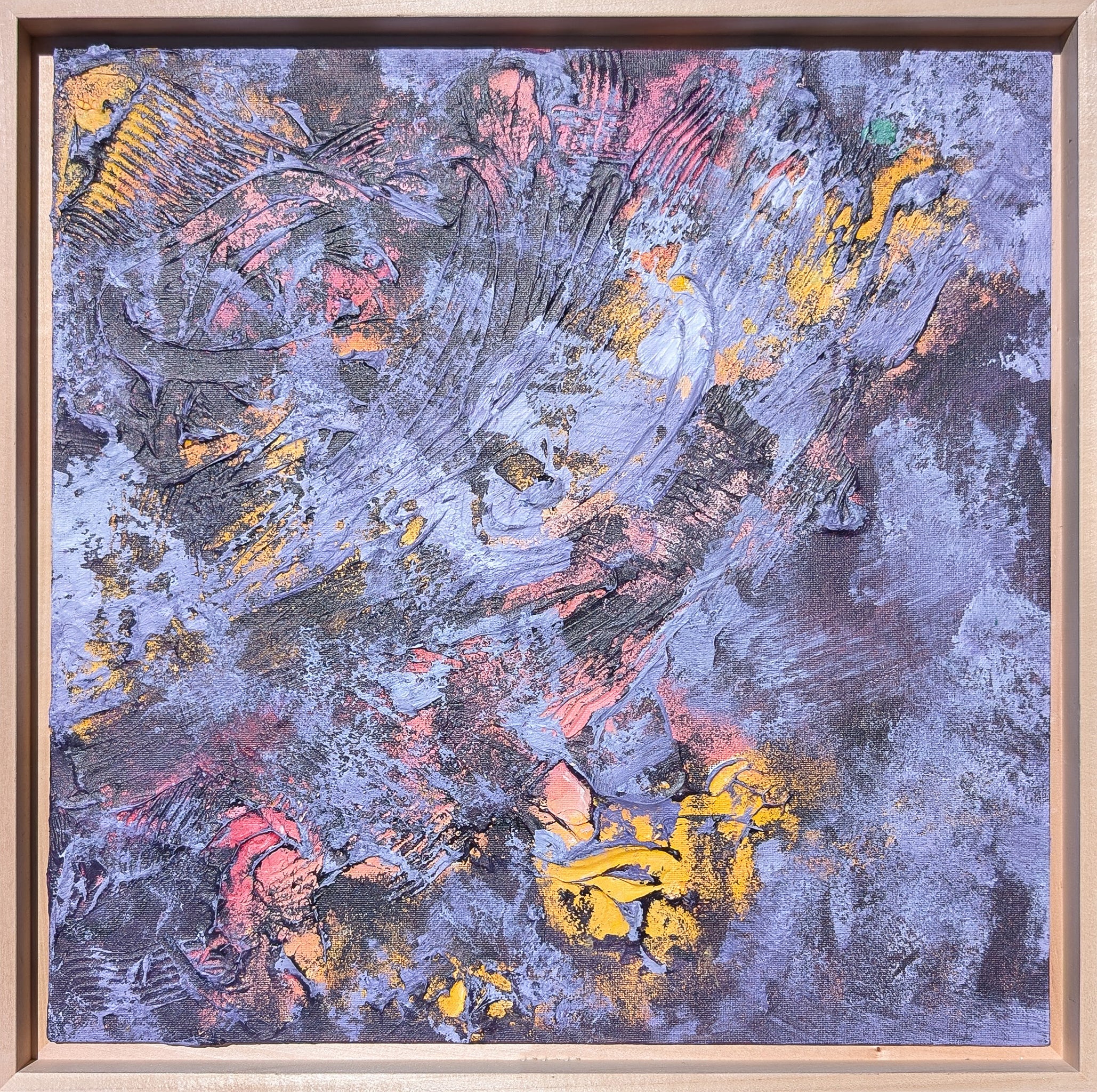 Textures — heavily textured abstract acrylic painting, framed, purple gold pink