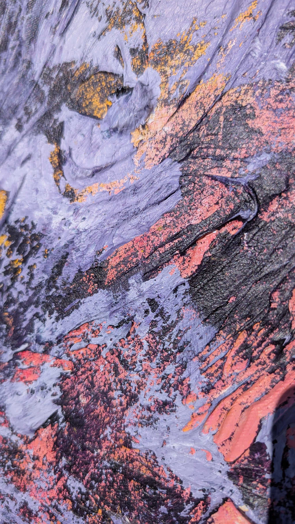 Textures — heavily textured abstract acrylic painting, framed, purple gold pink
