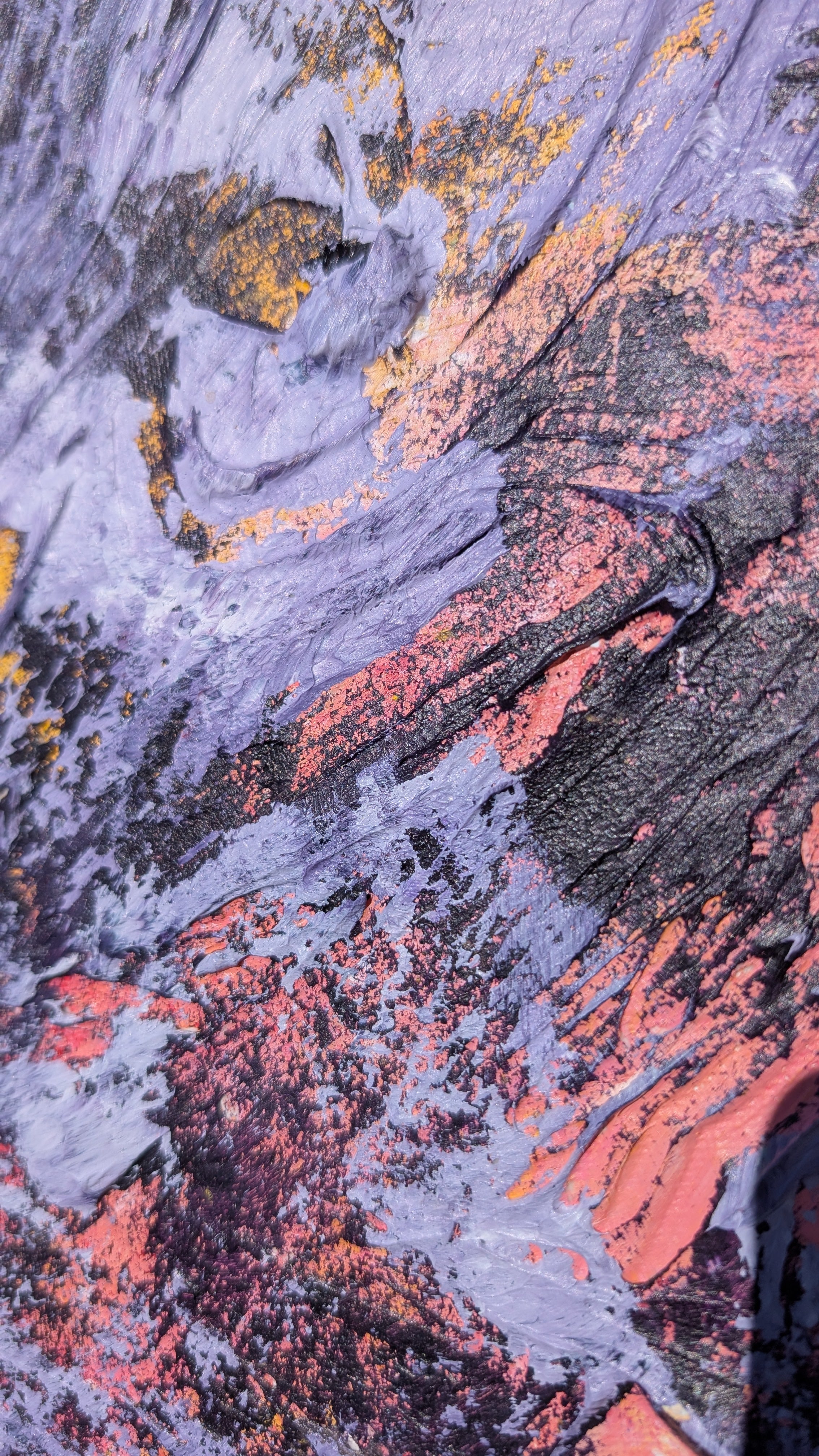 Textures — heavily textured abstract acrylic painting, framed, purple gold pink
