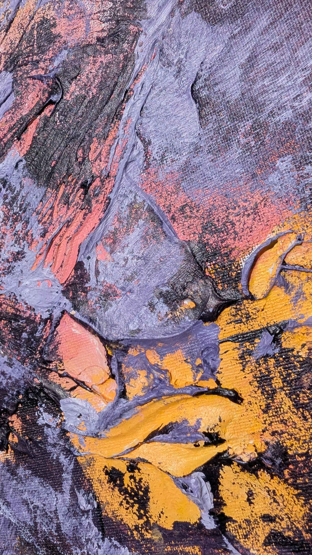 Textures — heavily textured abstract acrylic painting, framed, purple gold pink