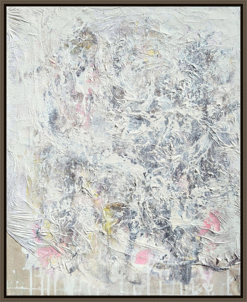 Abstract art painting with a textured surface in neutral tones.