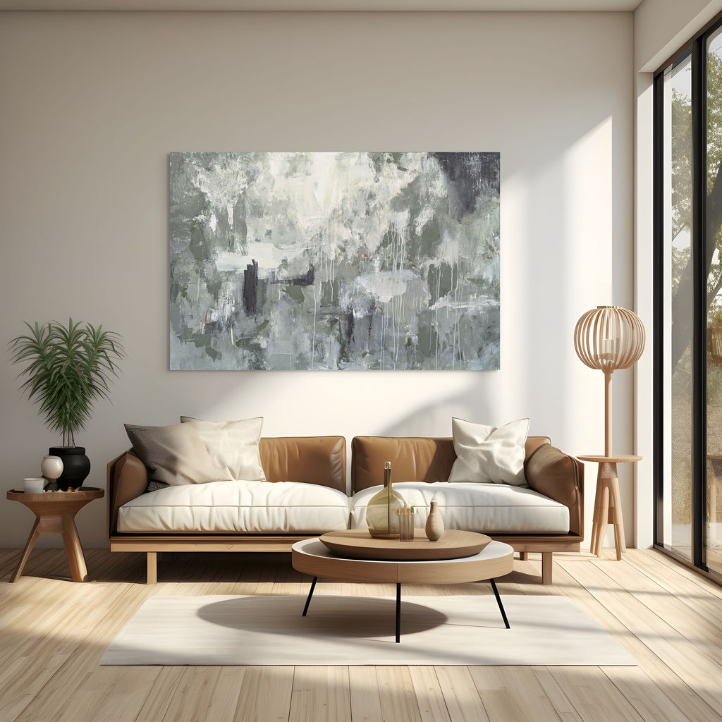 Modern living room with a brown sofa, round coffee table, and abstract painting on the wall.