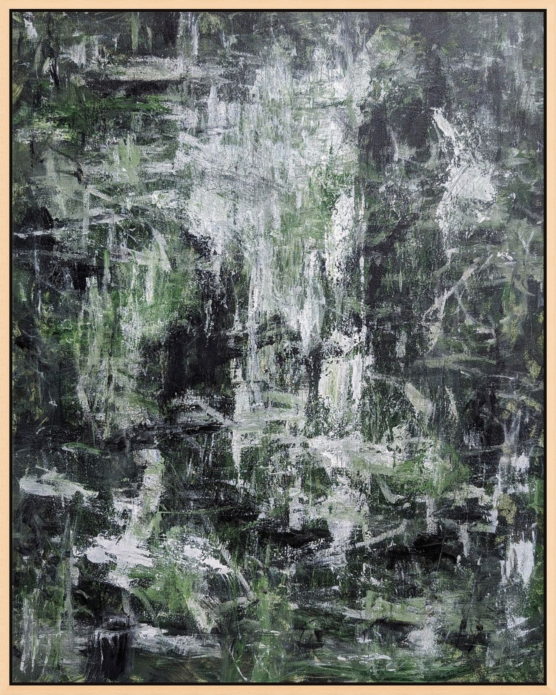 The image is an abstract painting with a dark green and white color palette. The painting features a chaotic and textured appearance, with brushstrokes and splatters creating a sense of movement and energy. The overall composition is visually striking and evokes a sense of depth and complexity.