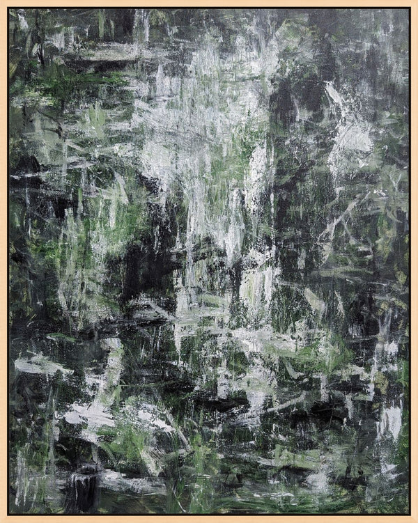 The image is an abstract painting with a dark green and white color palette. The painting features a chaotic and textured appearance, with brushstrokes and splatters creating a sense of movement and energy. The overall composition is visually striking and evokes a sense of depth and complexity.