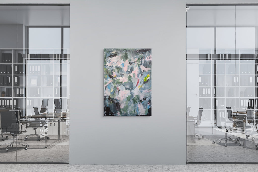 Abstract painting on a wall in an office setting with glass walls and chairs.