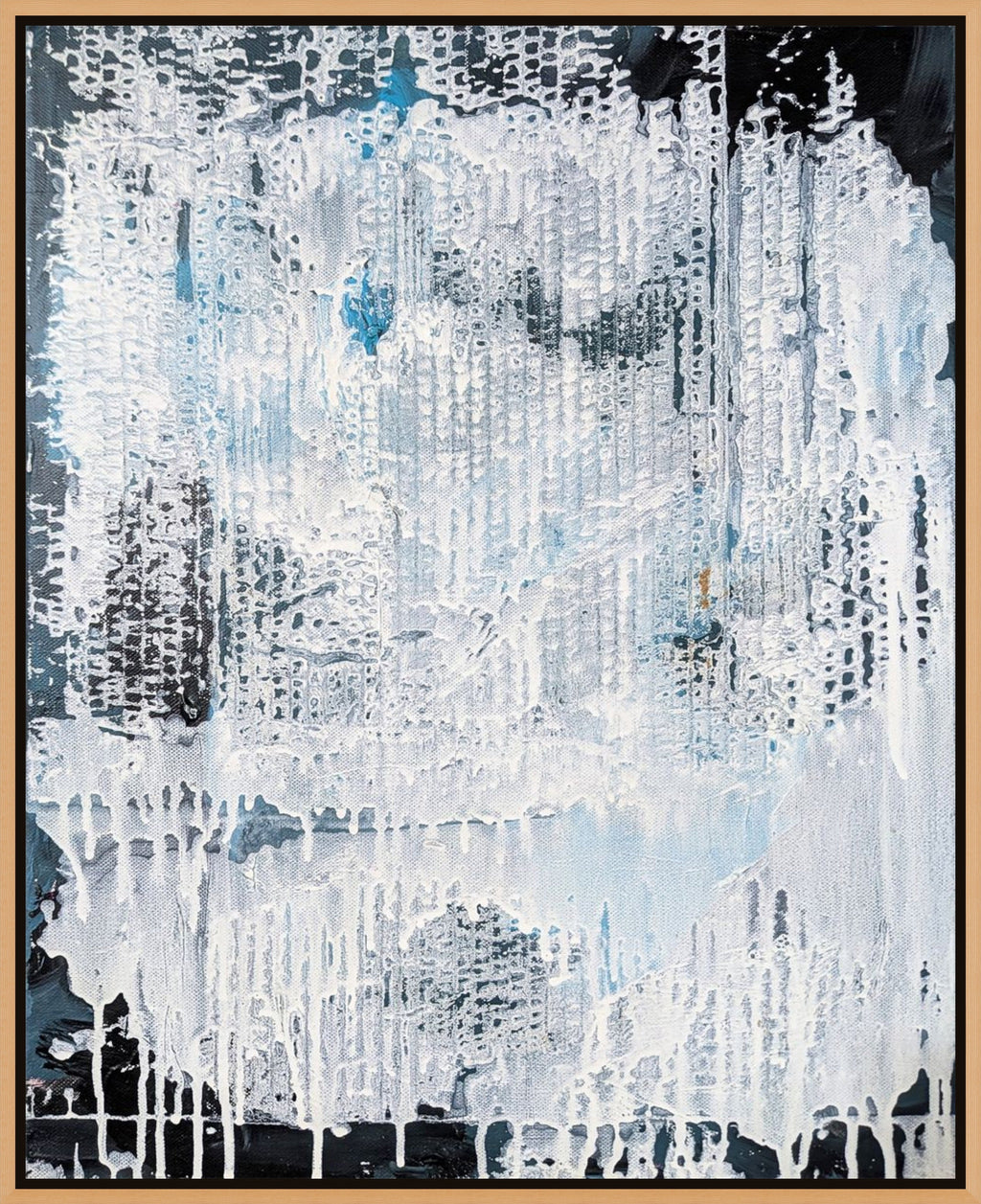 Abstract art piece with blue and white brush strokes on a black background